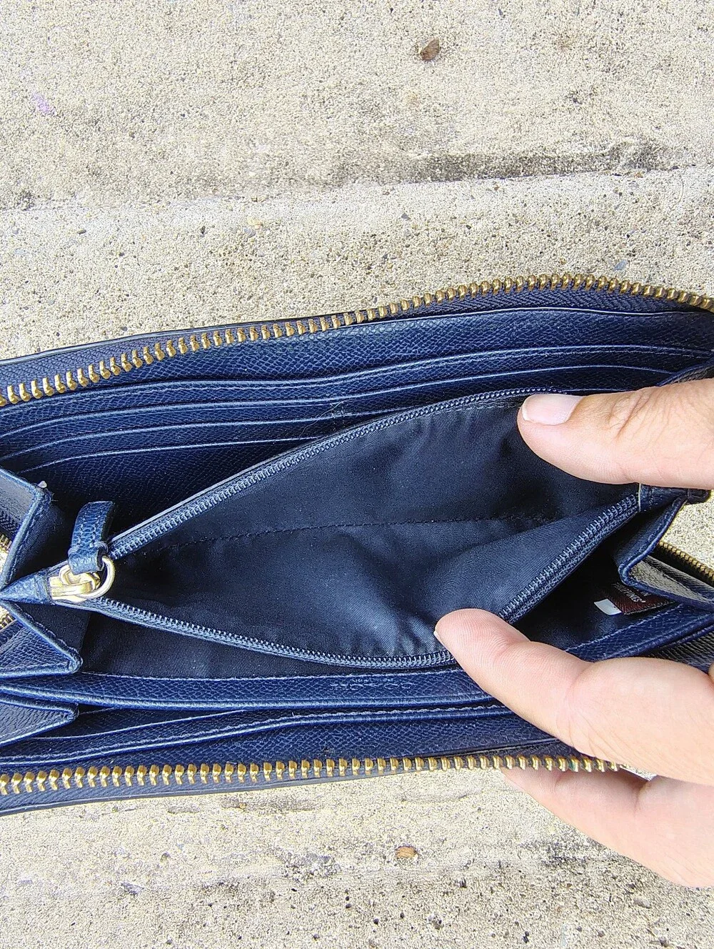 Coach Navy Blue Studded Pebbled Leather Zip-Around Wallet